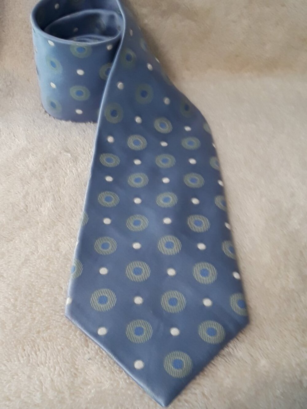 Tie -Jones New York 100% Silk 4" Wide Light Blue with White Dots + Green Circles